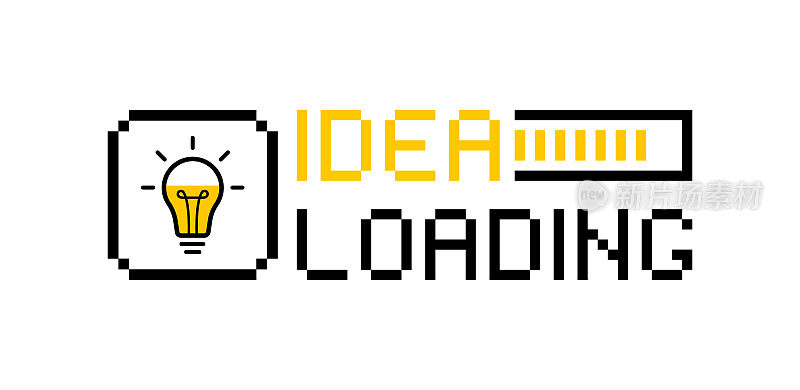 Idea loading concept with light bulb和loading bar。伟大的想法，创新和创造力。像素风格的图形设计。矢量图
